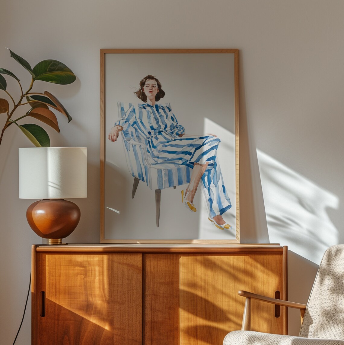 Watercolor Woman In Blue Striped Outfit Seated In A Striped Chair Print - Image 3