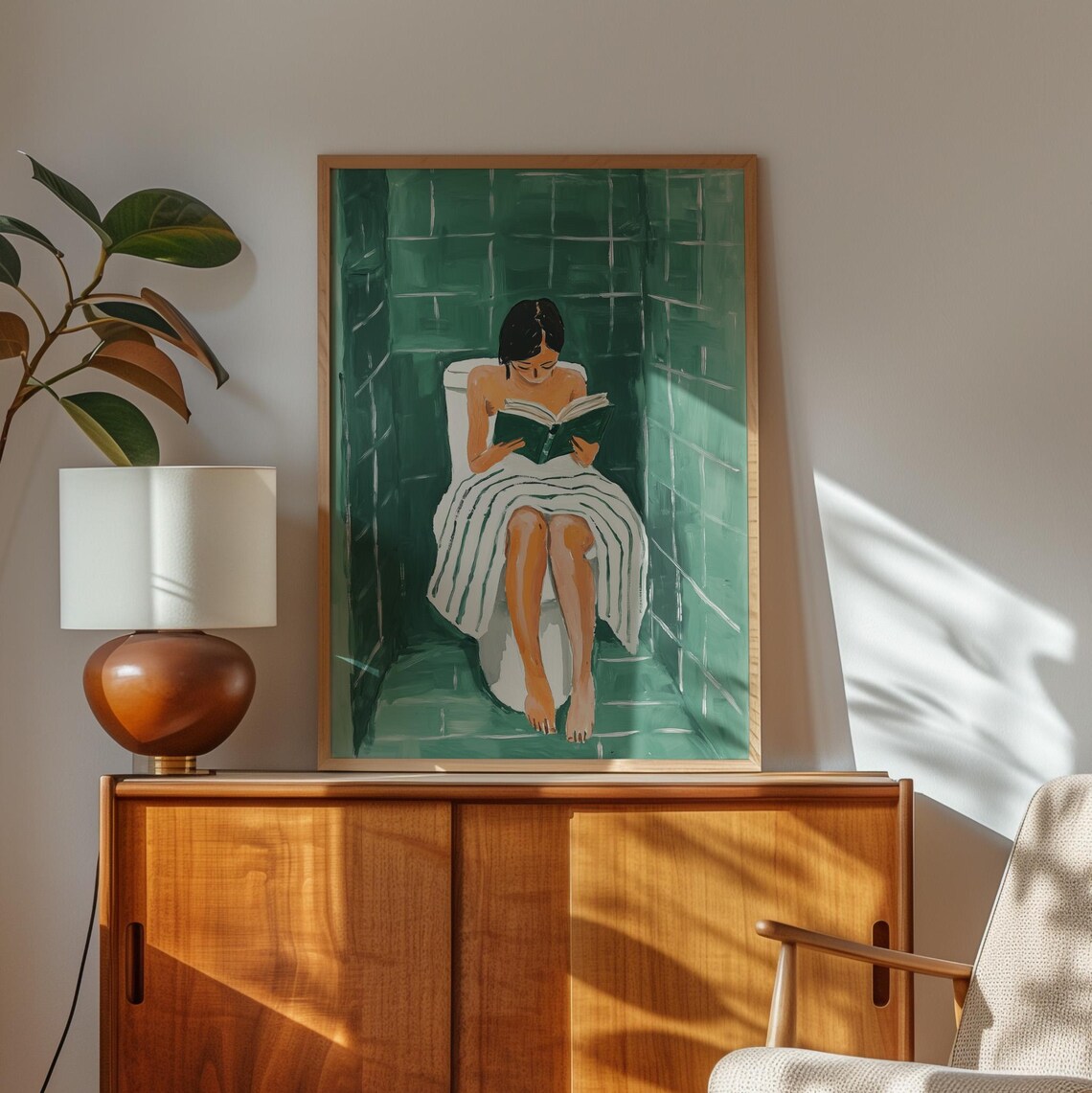Modern Woman Reading On Toilet, Bathroom Decor - Image 2