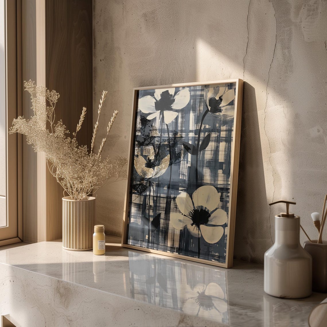 Monochrome White Flowers Abstract Grid Pattern Floral Wall Art