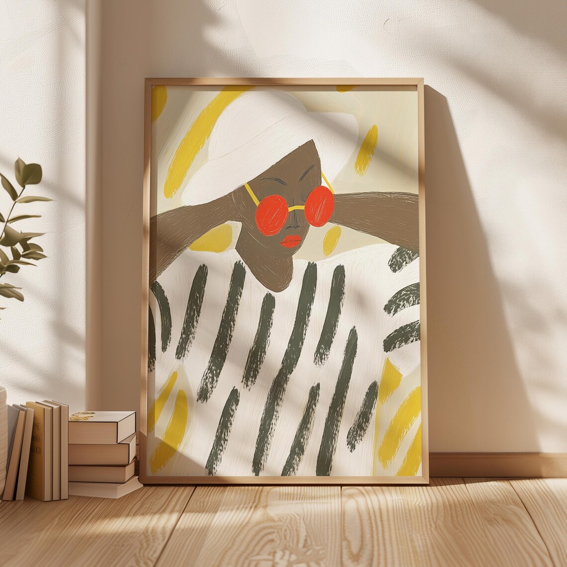 Woman With Red Sunglasses And White Hat In Striped Robe Art Poster