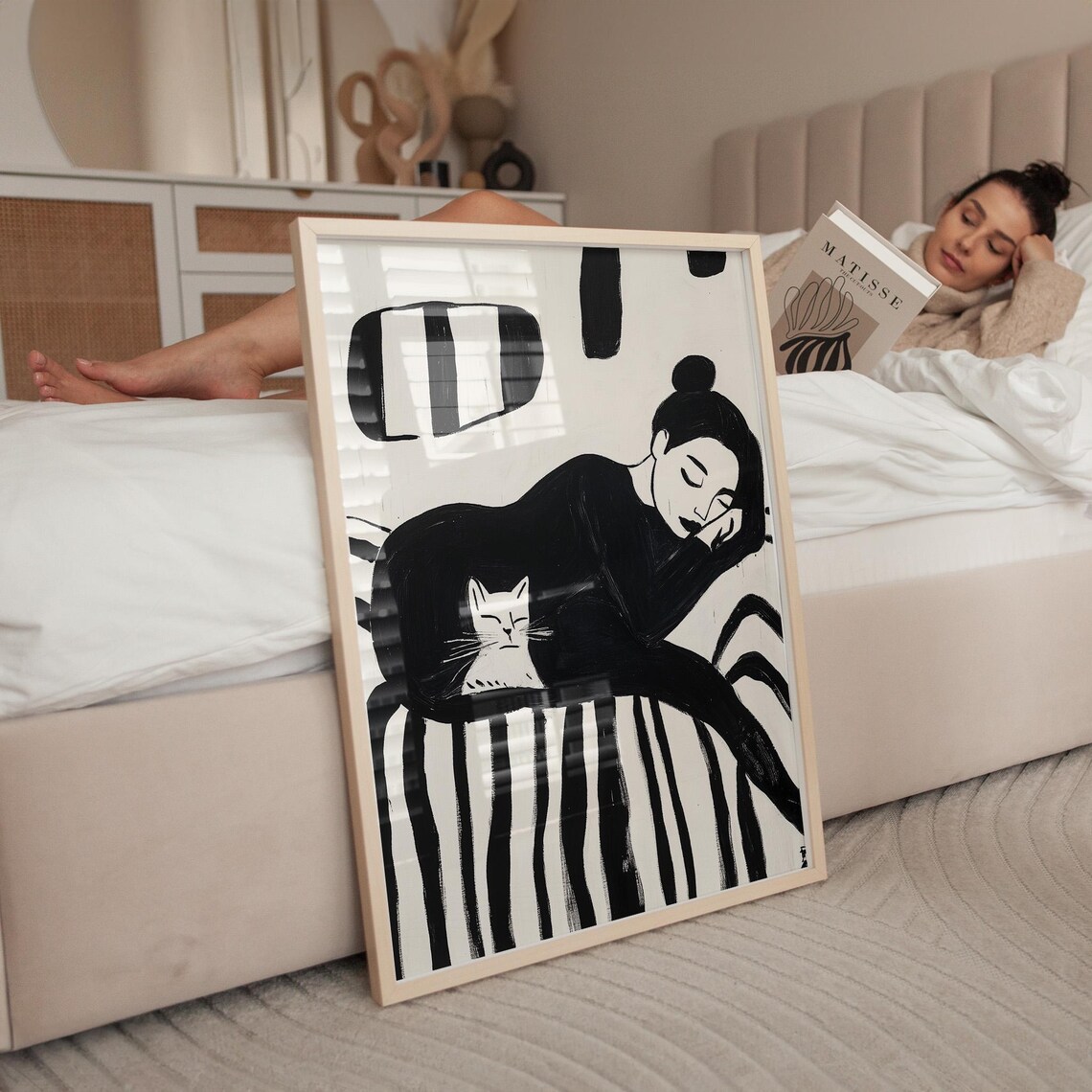 Sleeping Woman Cuddling White Cat Black White Cozy Nap Wall Art - Image 4
