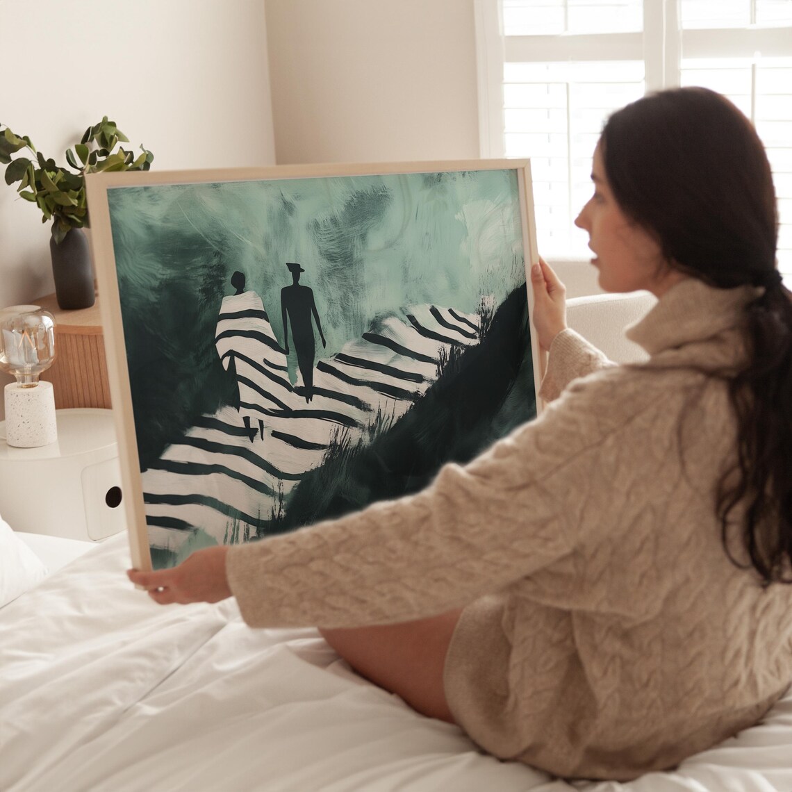 Two Figures Walking Striped Path Emerald Green Abstract Poster - Image 3