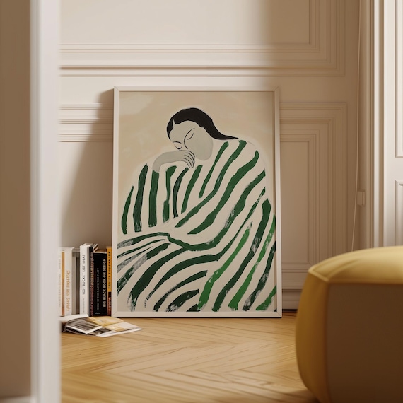 Emerald Green Striped Shawl Woman Resting Minimalist Art Poster