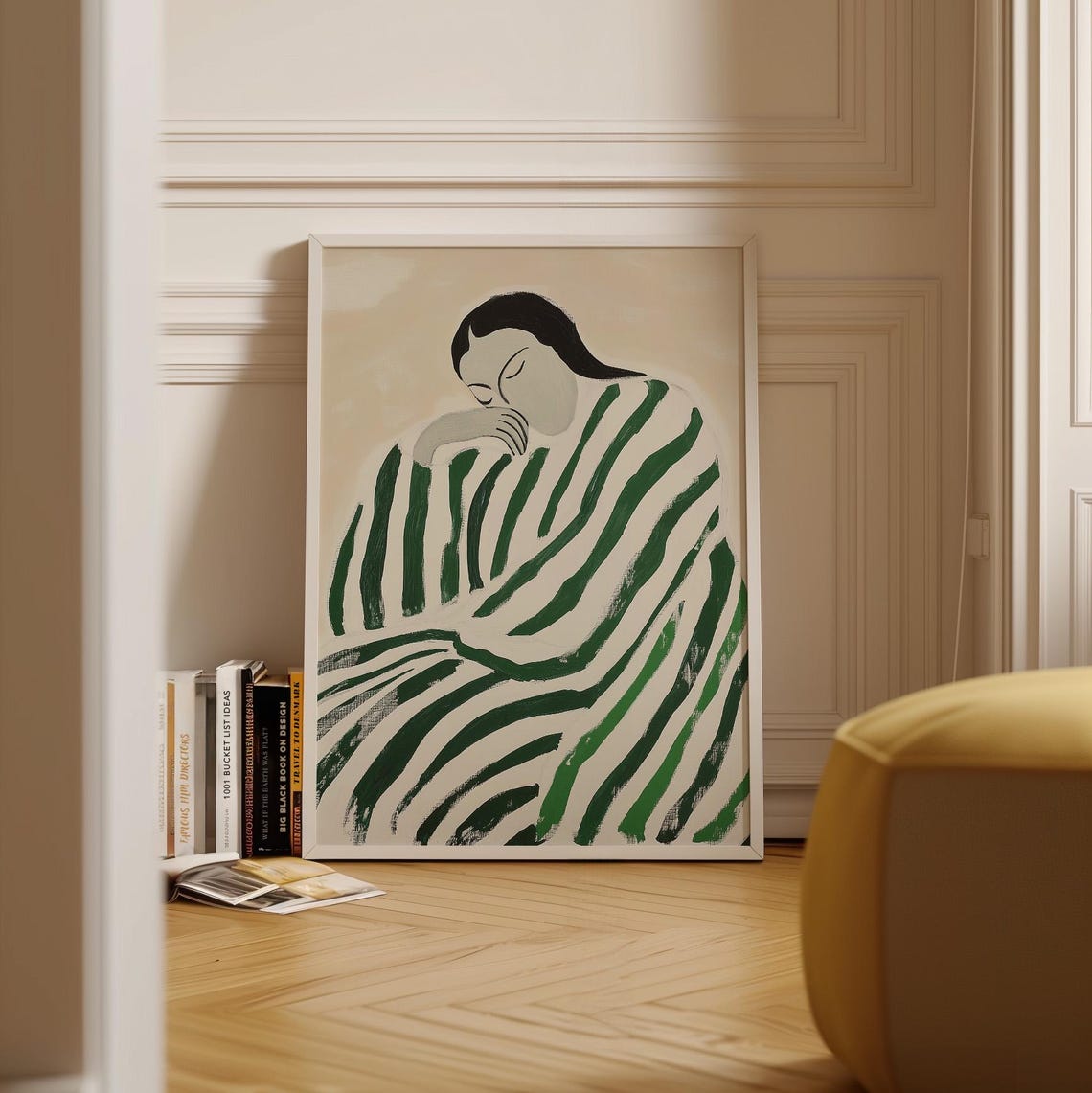 Emerald Green Striped Shawl Woman Resting Minimalist Art Poster