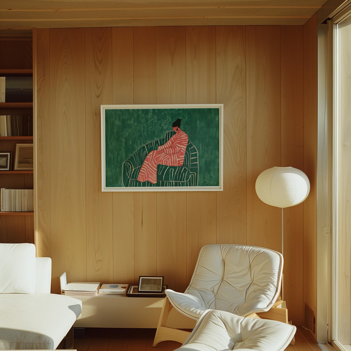 Woman in Red Lounging on Green Striped Sofa Modern Art Poster - Image 3
