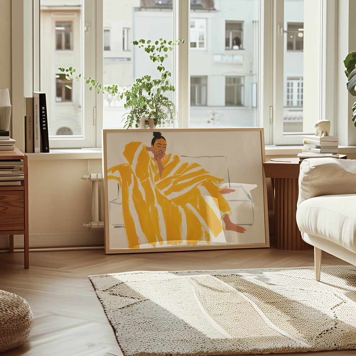 Woman Wrapped In Yellow Blanket Modern Horizontal Art Poster - Image 3