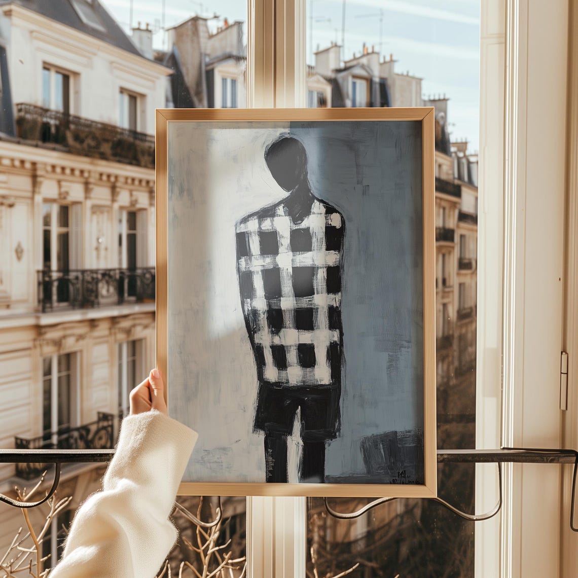 Faceless Figure In Checkered Shirt On Minimalist Grey Wall Art