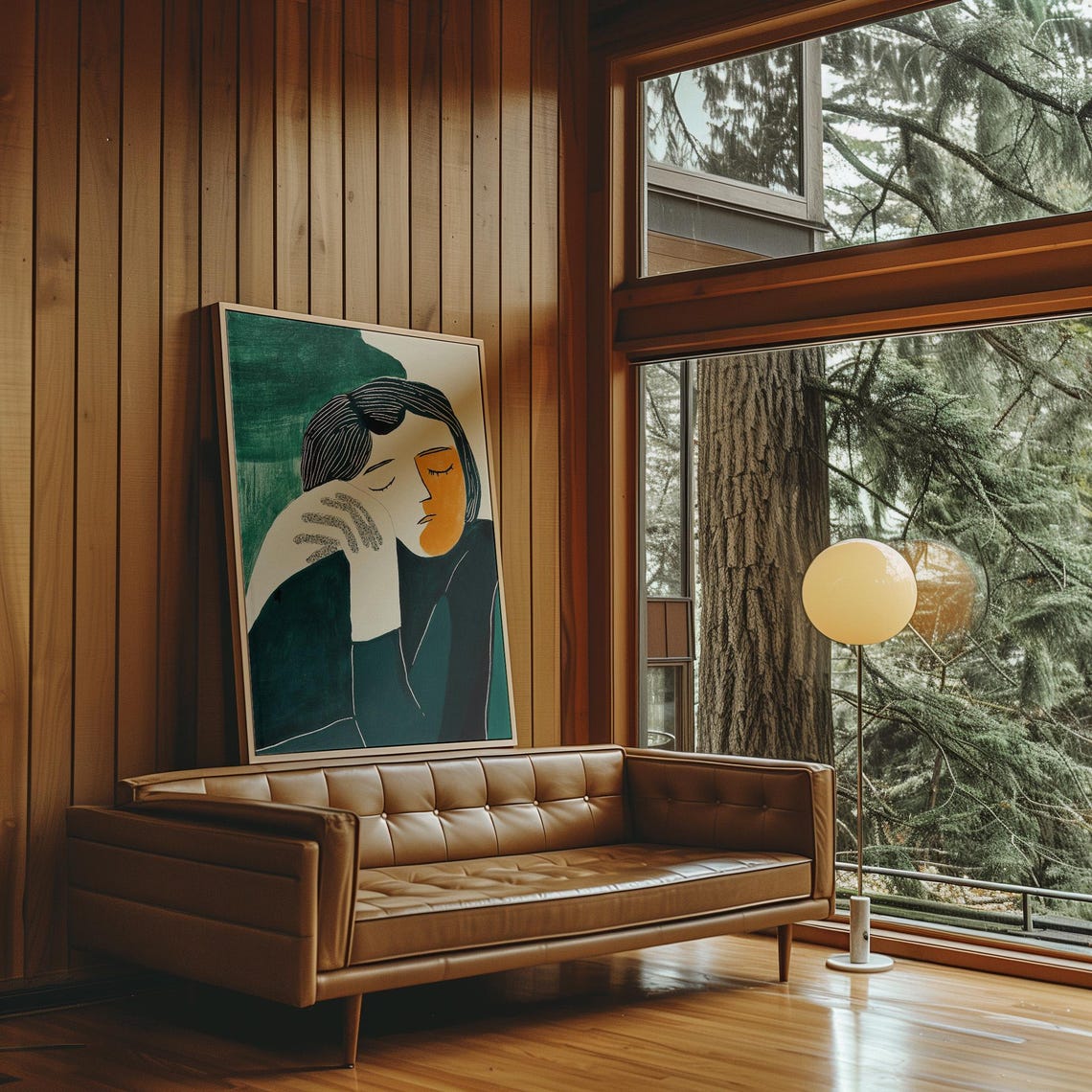 Split Face Contemplative Woman Portrait on Dark Green Poster - Image 4