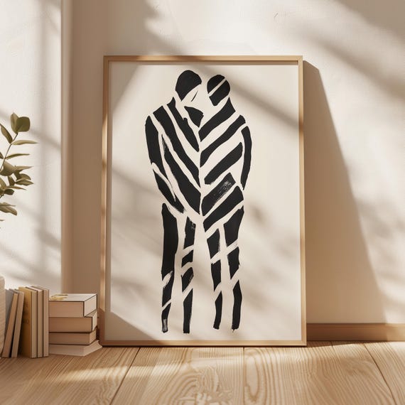 Modern Couple Abstract Art Print Black And White Minimalist Illustration Bold Striped Lovers Contemporary Wall Art Home Decor Gift