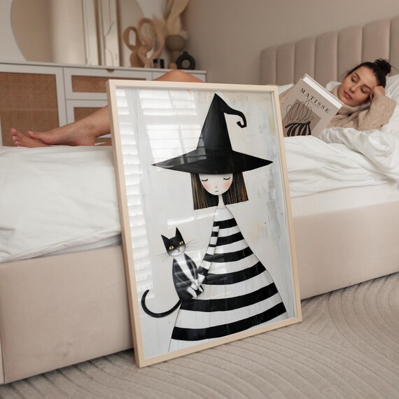 Cute Little Witch In Striped Dress With Black Cat Halloween Poster
