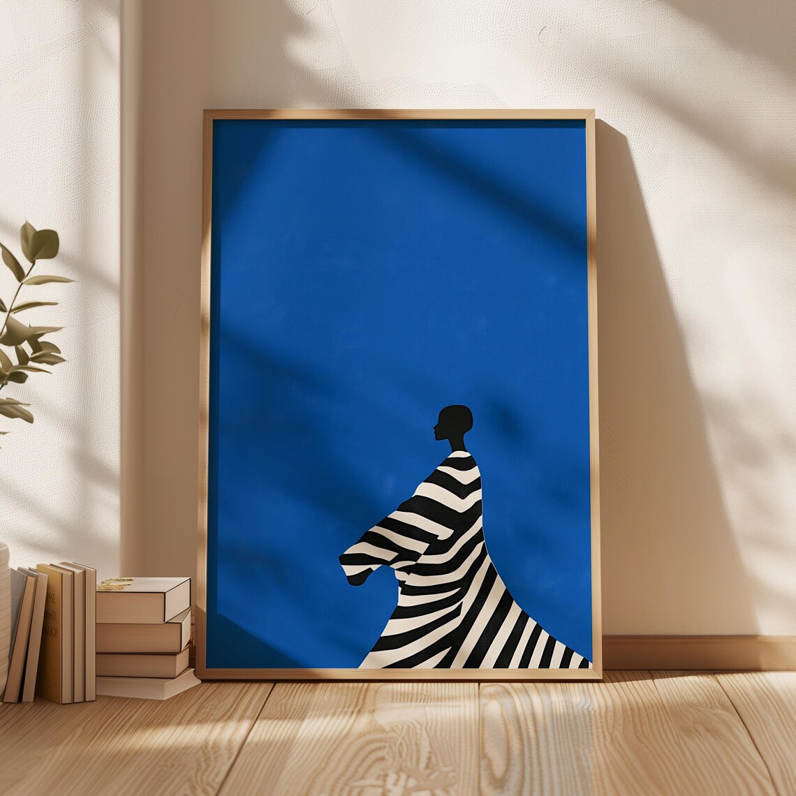 Striped Blanket Woman Silhouette Electric Blue Minimalist Art Poster