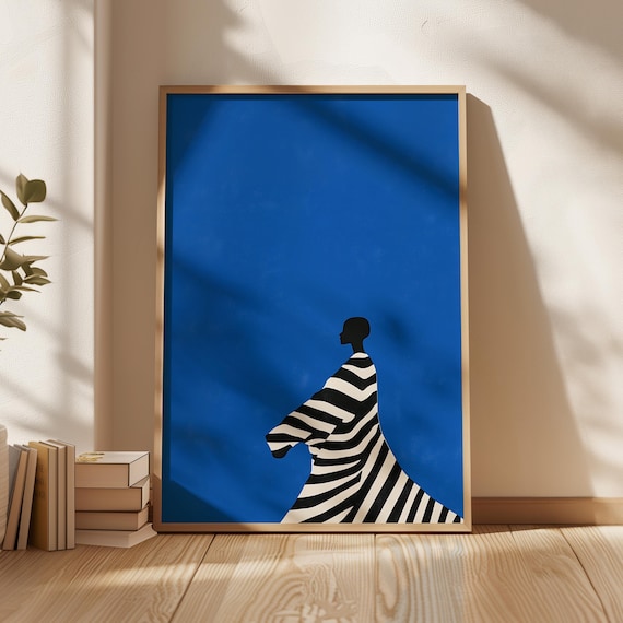 Striped Blanket Woman Silhouette Electric Blue Minimalist Art Poster
