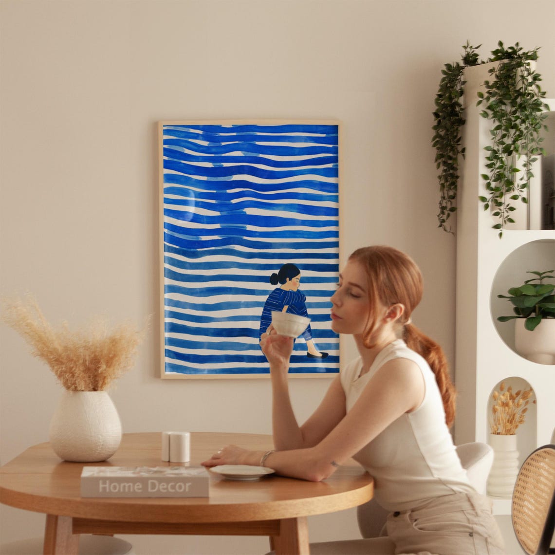 Woman Seated Among Bold Blue Waves in Striped Clothing Poster - Image 5