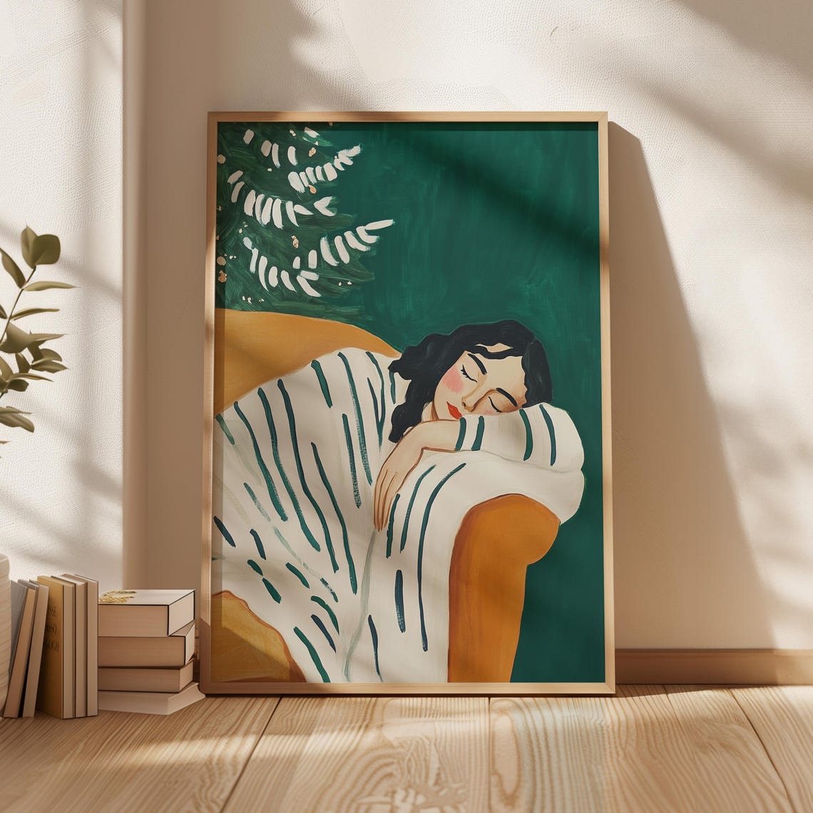 Sleeping Woman Striped Pajamas Orange Couch Green Napping Art Poster