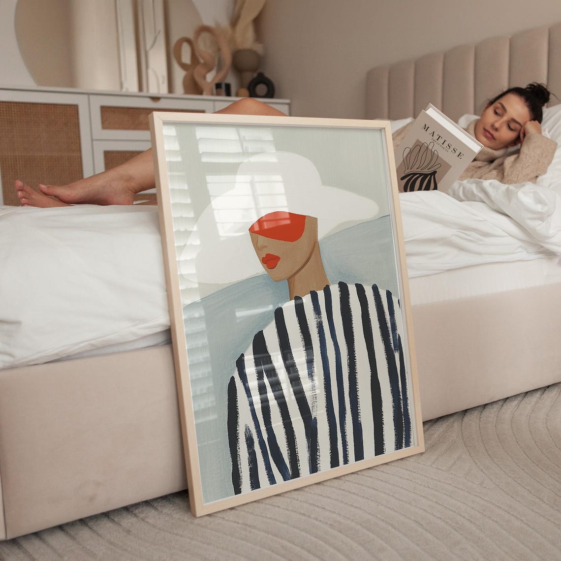 Woman in a White Hat with Striped Top and Red Accents Poster - Image 4