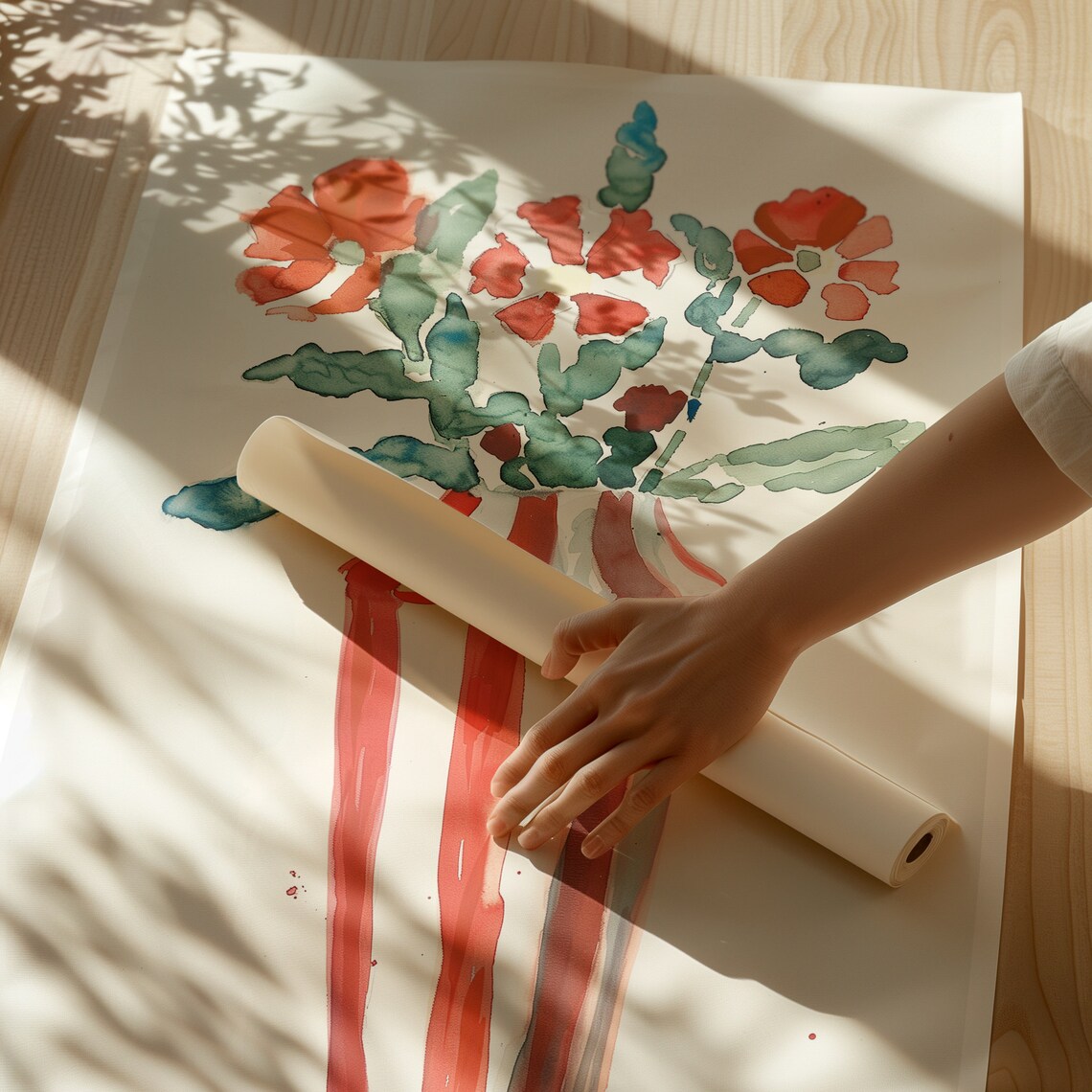 Red Watercolor Flowers in a Tall Striped Red Vase Floral Poster - Image 2