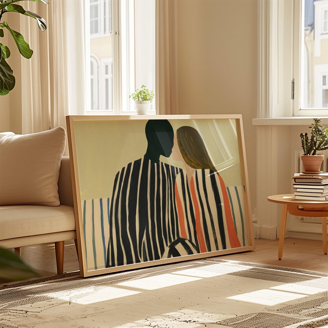 Intimate Couple in Striped Robes Muted Sage Tones Romantic Poster - Image 2