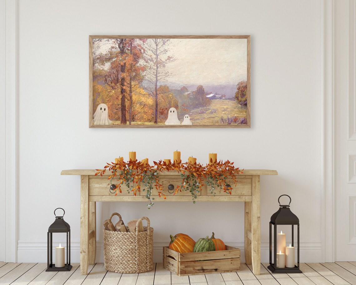 Halloween Ghosts in Vintage Landscape Art Print - Image 3
