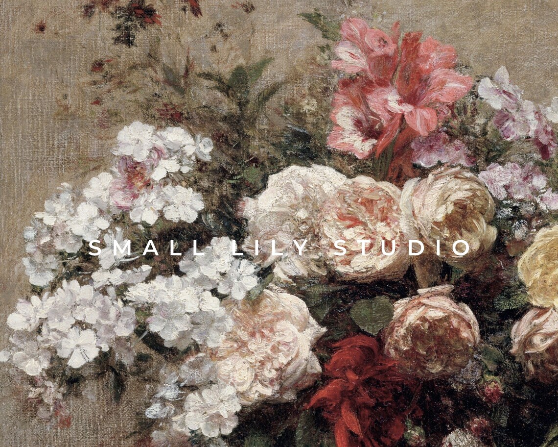 Vintage Floral Bouquet Still Life Moody Neutral Oil Painting Art Print - Image 4
