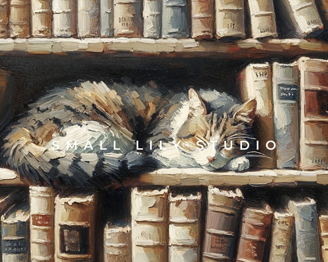 Bookish Cat Sleeping With Books, Vintage Art Print - Image 4