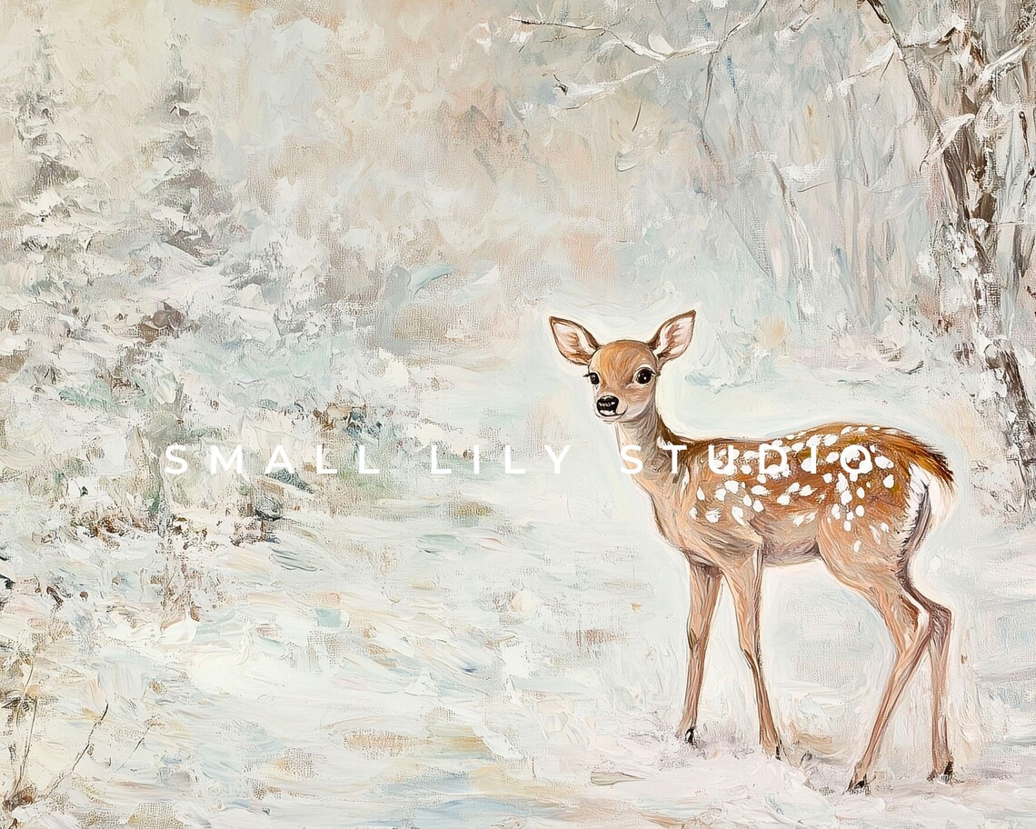 Baby Deer in Forest, Neutral Winter Art Print - Image 4