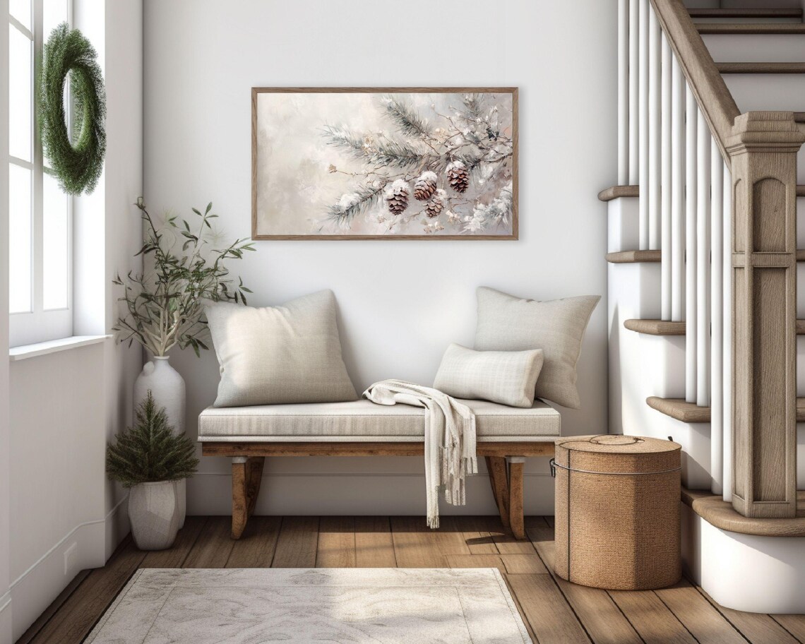 Pine Cones on Branch Winter Farmhouse Christmas Art Print - Image 3