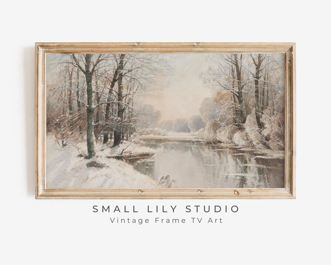Snow Covered Winter Stream Bare Trees Misty Forest Vintage Art Poster