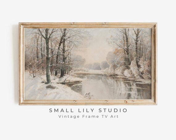 Snow Covered Winter Stream Bare Trees Misty Forest Vintage Art Poster