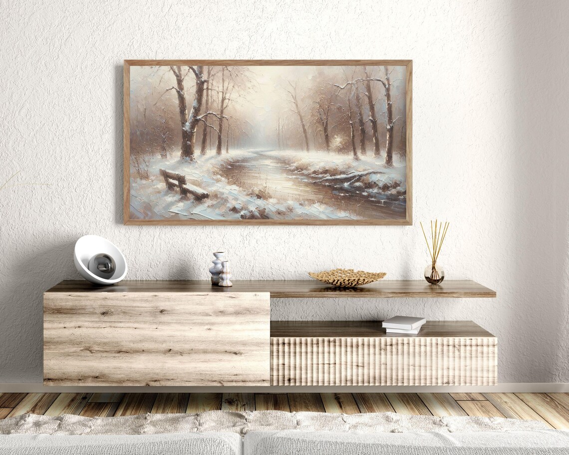 Winter Stream Snowy Forest Bench Warm Light Rustic Vintage Landscape Art Poster - Image 2
