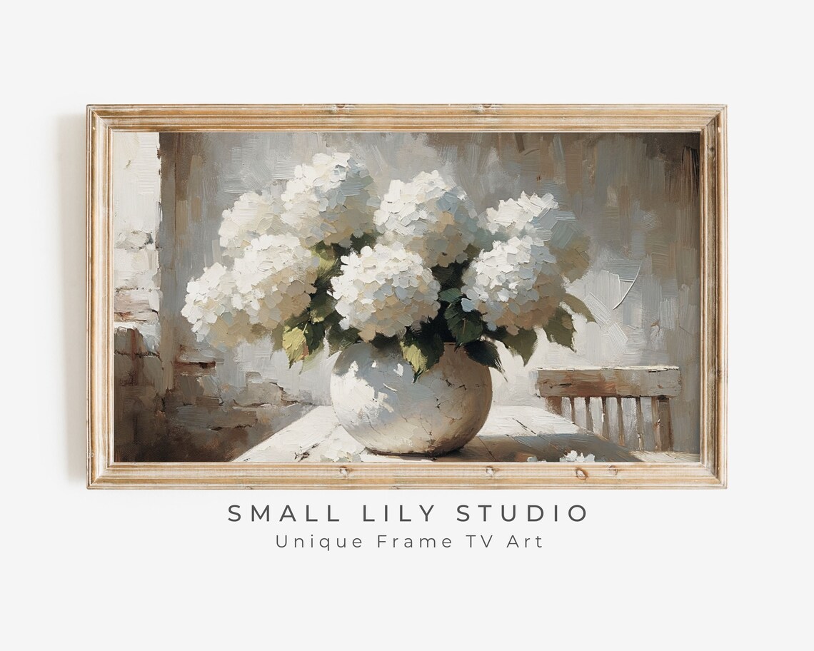 White Hydrangeas Still Life, Rustic Farmhouse Floral Art Print