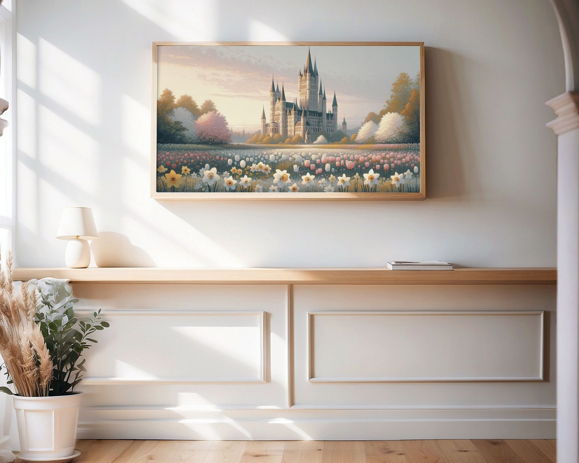 Fairytale Castle With Daffodils And Tulips Spring Garden Scene Poster - Image 3