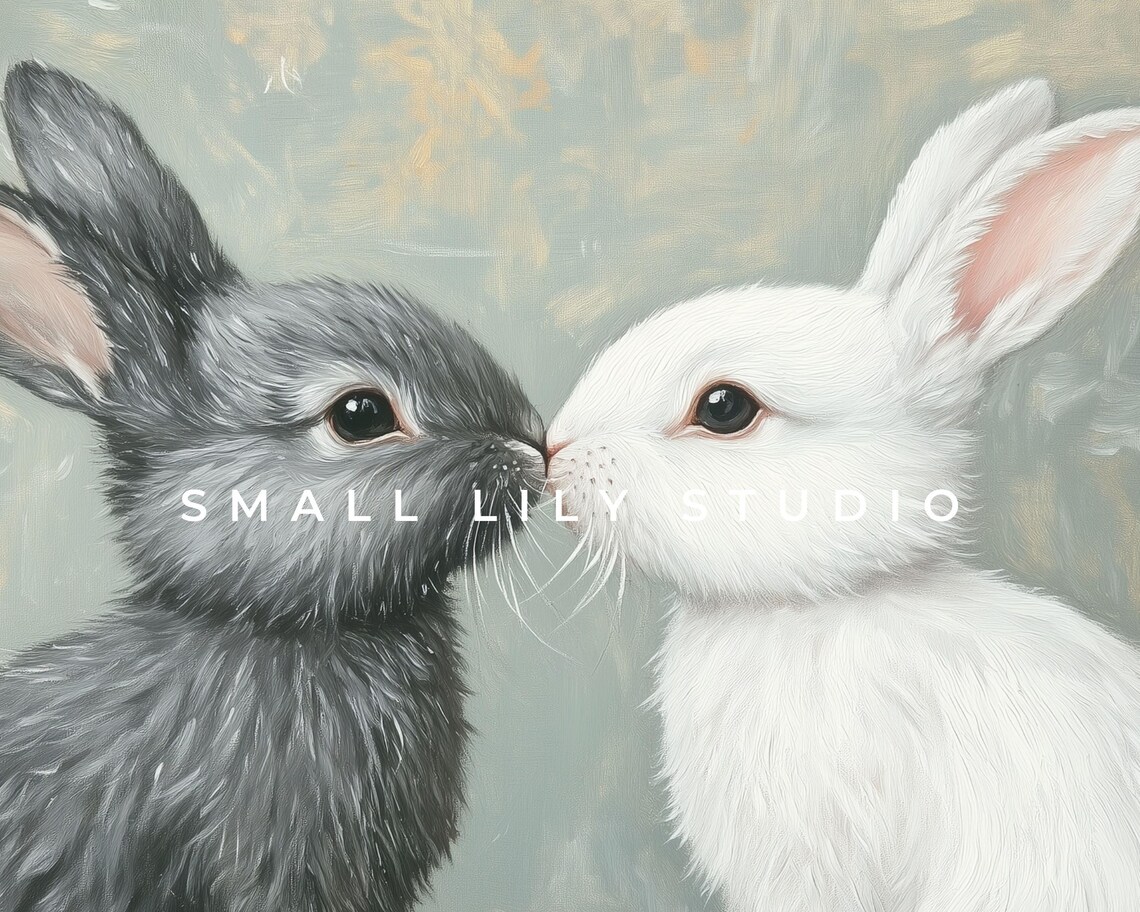 Grey and White Bunnies Nose to Nose Cute Rabbit Love Kids Room Poster - Image 4