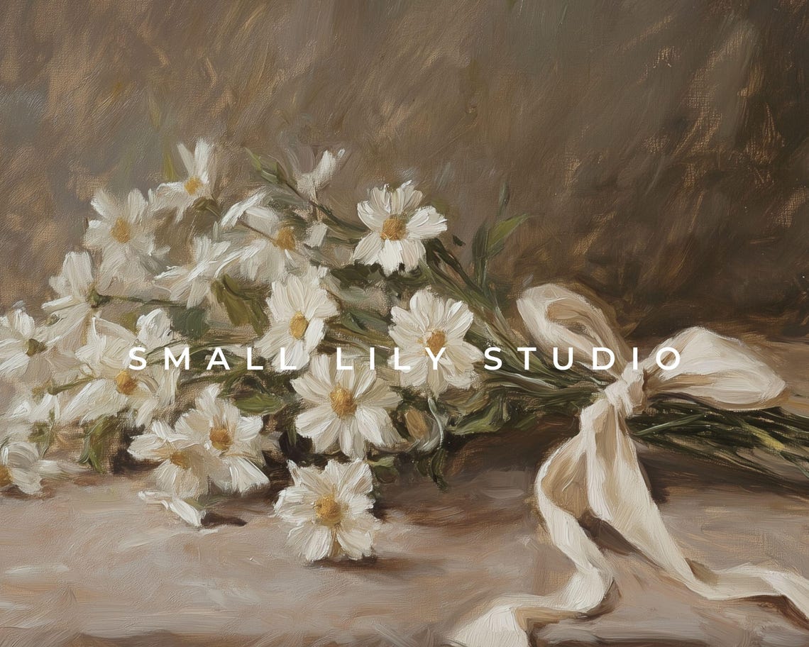 White Daisy Bouquet With Cream Bow Moody Brown Vintage Floral Poster - Image 4