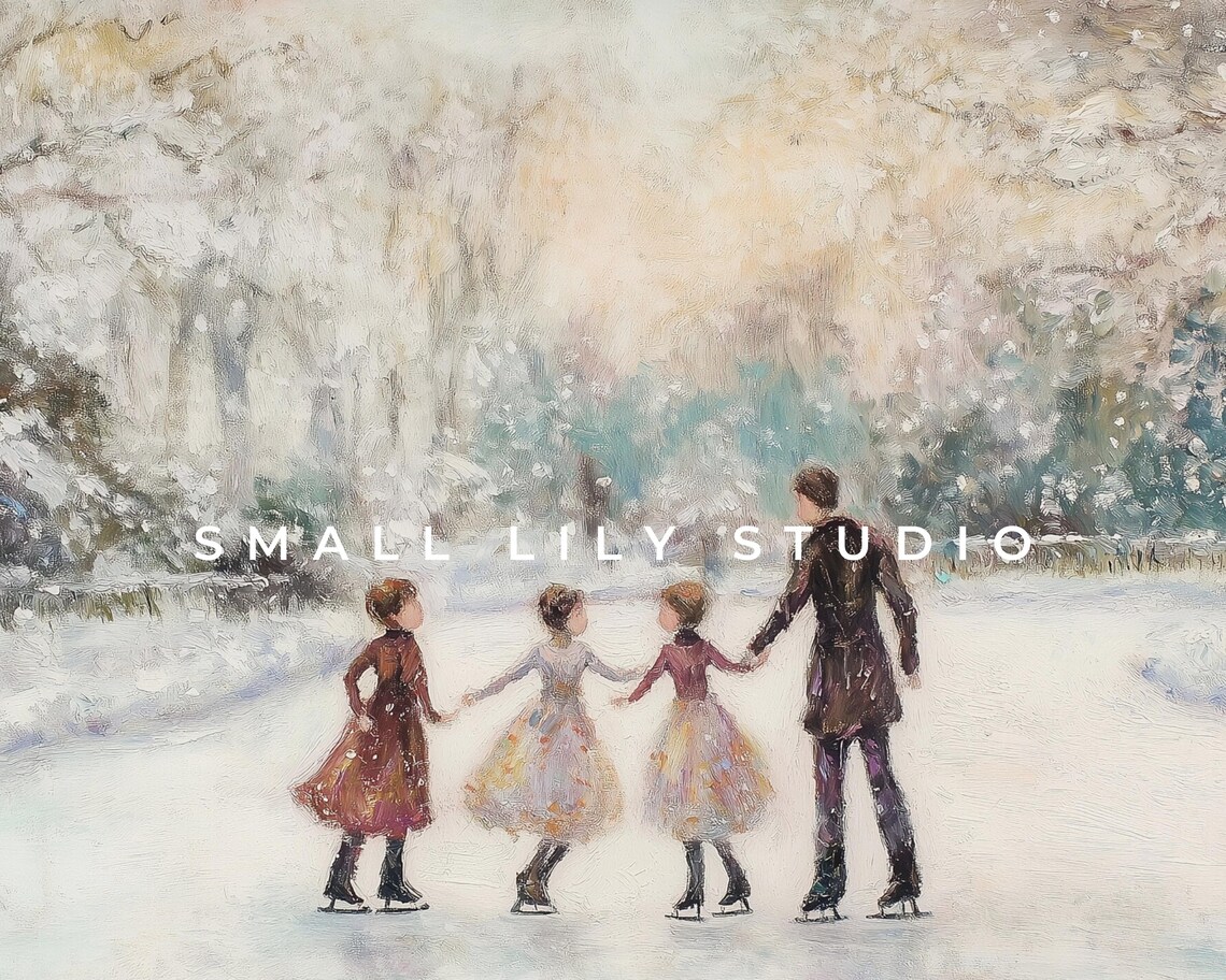 Family Ice Skating Frozen Pond Snowy Park Retro Vintage Winter Art Poster - Image 4