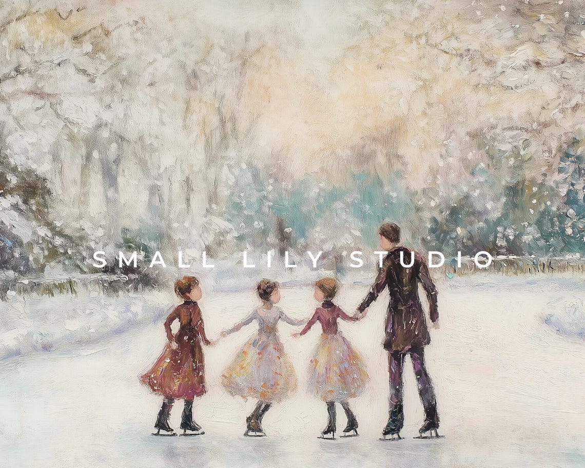 Frame Tv Art Family Ice Skating In Winter Landscape Frame Tv Art Retro Vintage Style Painting Winter Holidays Fun With Kids Tv453 - Image 4