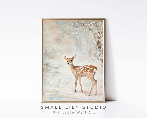 Deer In Winter Landscape Print Cute Holidays Wall Art For Kids Room Neutral Christmas Painting Whimsical Vertical Print P112