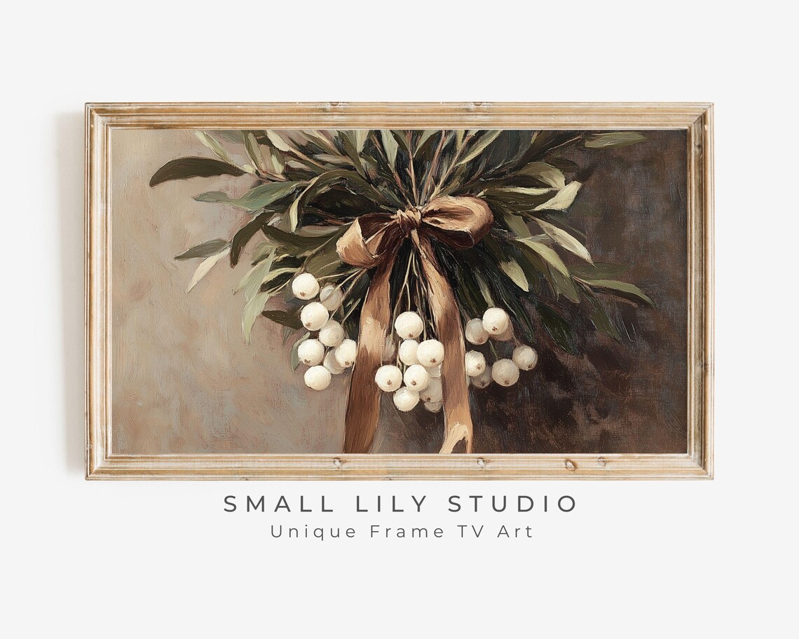 Mistletoe With Brown Bow, Vintage Style Art Print
