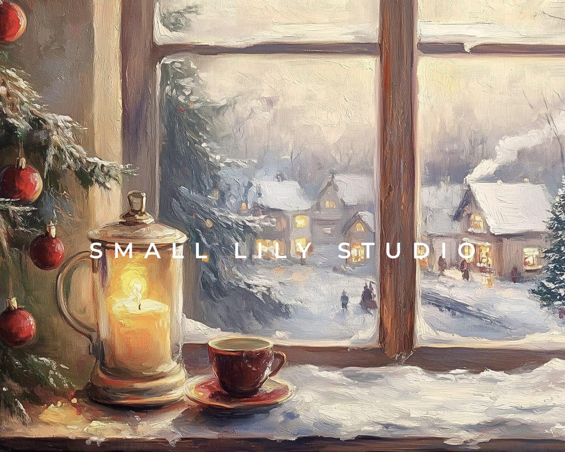Frame Tv Art Cozy Christmas Window Frame Tv Art Vintage Style Painting Festive Winter Scene Neutral Xmas Tv Screensaver Tv518 - Image 4
