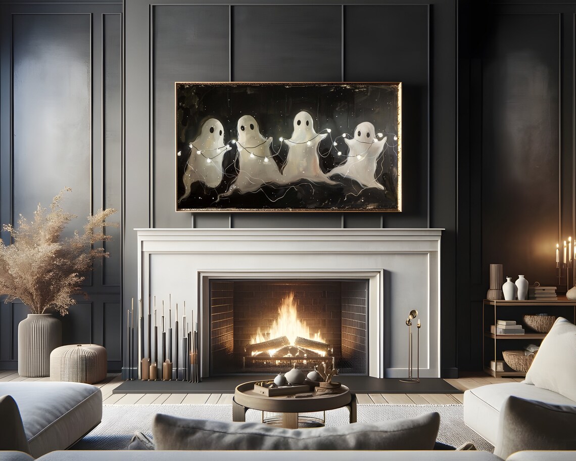 Ghosts Playing With Lights, Neutral Halloween Art Print - Image 2