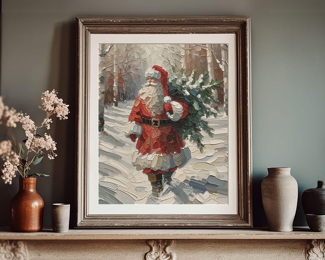 Santa Claus Carrying Christmas Tree in Snow Textured Impasto Poster - Image 3