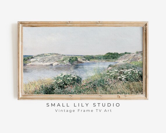 Wildflowers By Pond Vintage Impressionist Coastal Landscape Painting Poster
