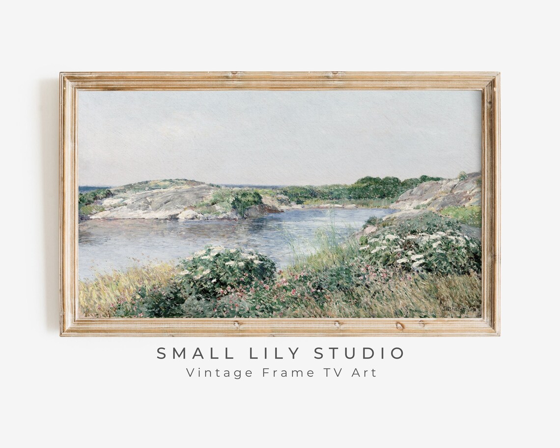 Wildflowers By Pond Vintage Impressionist Coastal Landscape Painting Poster