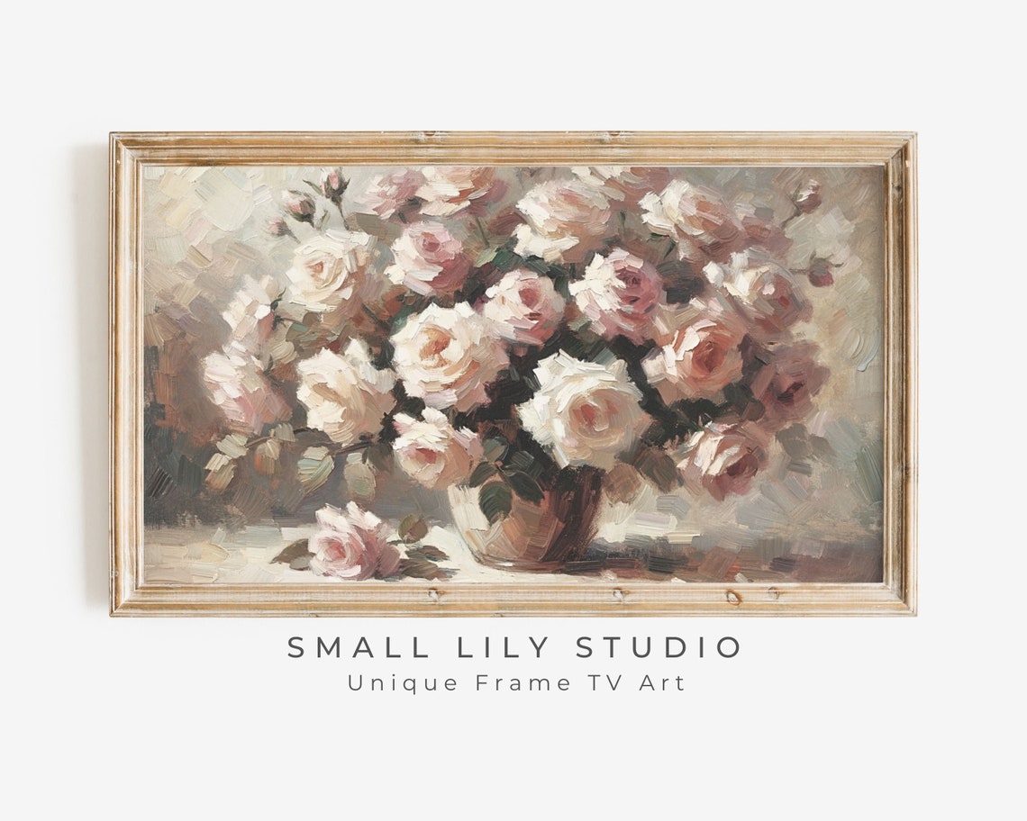 Blush Pink Roses Bouquet Vintage Oil Painting Romantic Floral Poster