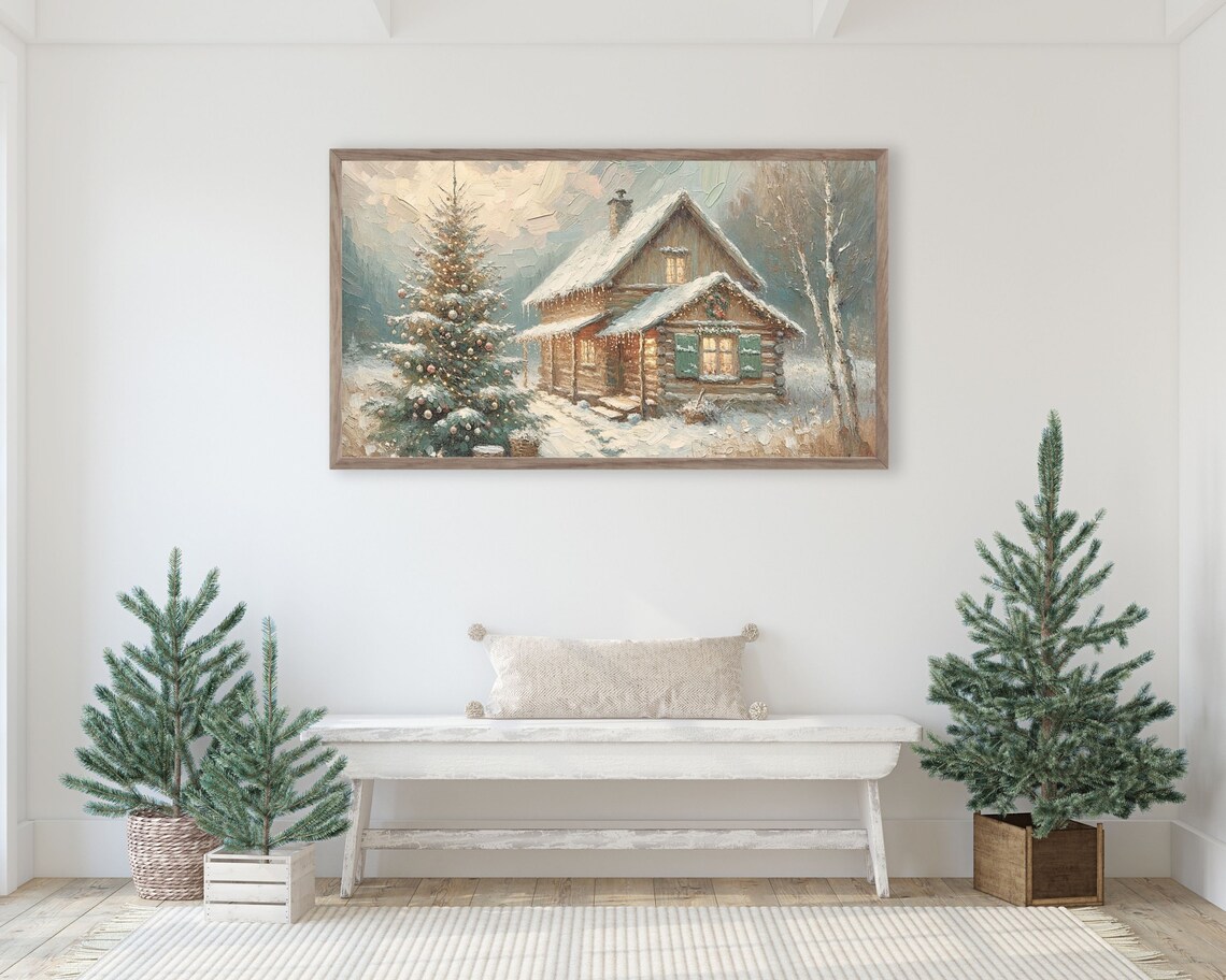 Christmas Cottage Winter Art Print, Rustic Country - Image 2