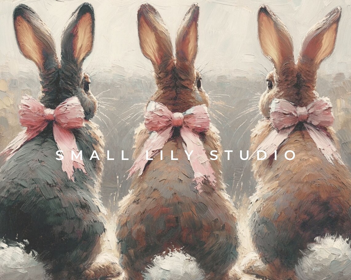 Bunnies With Pink Bows Easter Rabbit Art Print - Image 4