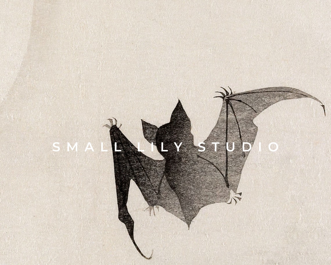 Flying Black Bat Japanese Woodblock Moon Minimalist Halloween Poster - Image 4