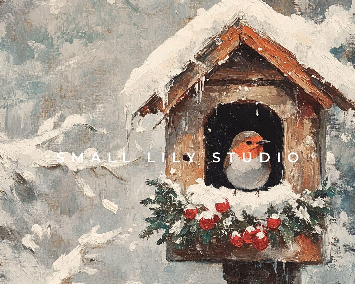 Frame Tv Art Bird In Christmas Birdhouse Neutral Winter Frame Tv Art Vintage Painting Style Cute Red Bird Picture For Kids Tv556 - Image 4