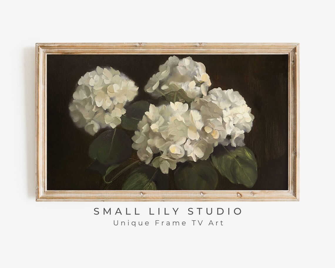 Moody White Hydrangeas Still Life, Vintage Style Art Print