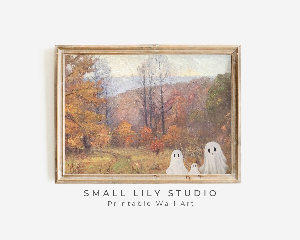 Halloween Ghost Family In Vintage Landscape Print Fall Halloween Print Fun Cute Ghosts Wall Art Spooky P046 - Image 3