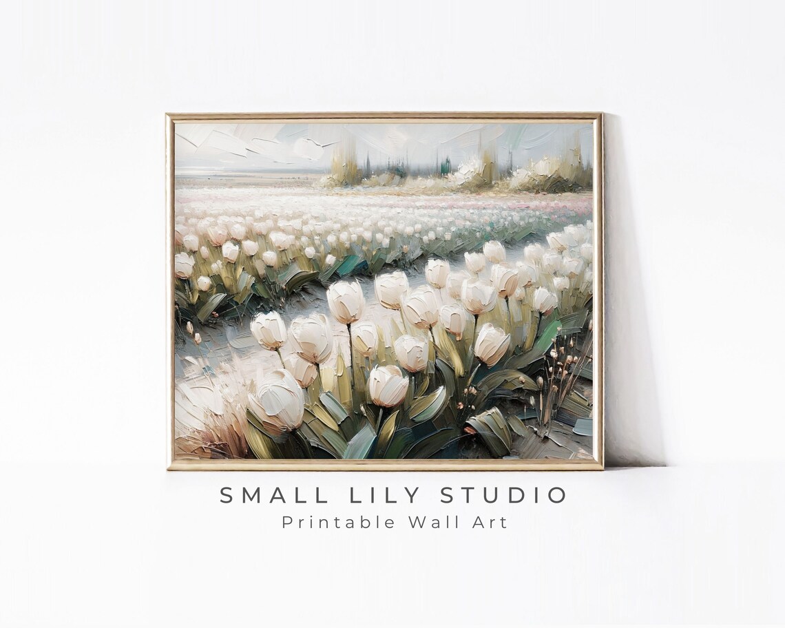 Neutral White Tulips Field Soft Pastel Vintage Spring Landscape Poster